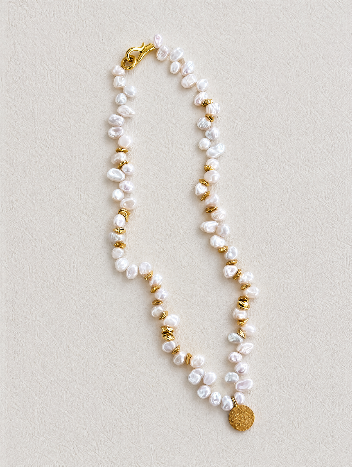 Keshi Pearl Necklace with Gold Disc Pendant