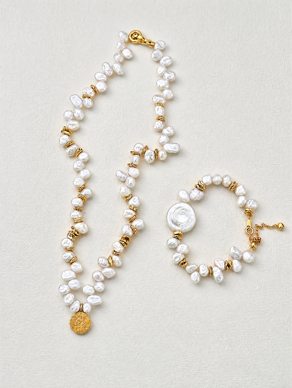 Keshi Pearl Necklace with Gold Disc Pendant