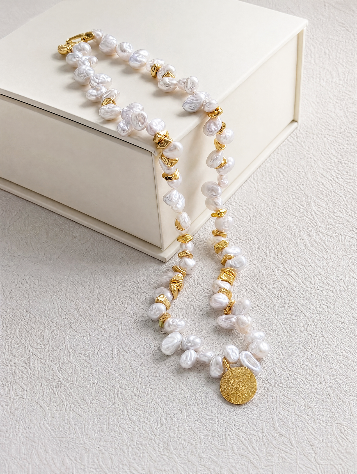 Keshi Pearl Necklace with Gold Disc Pendant